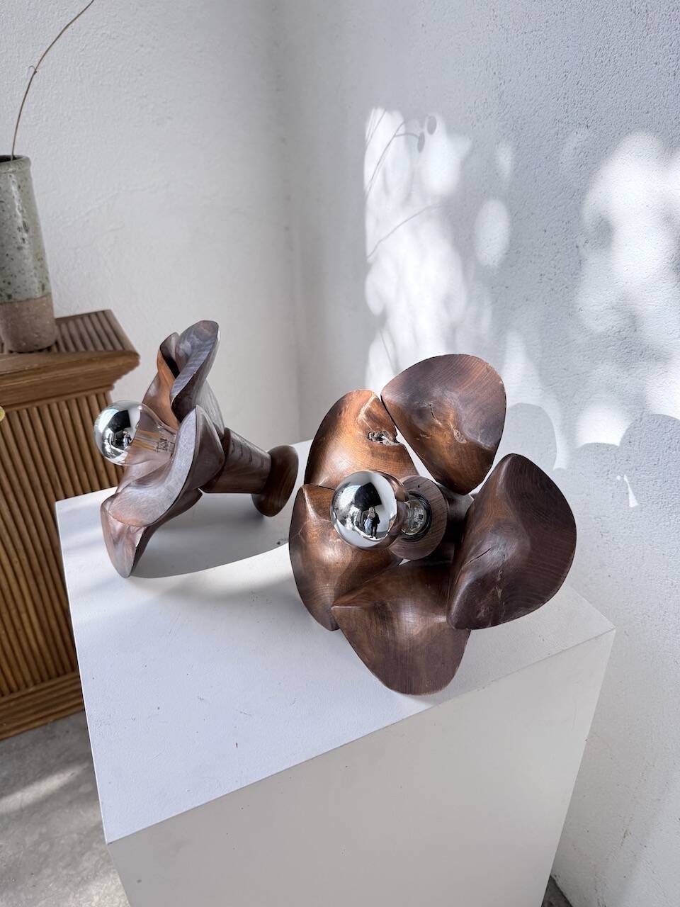 Pair of wooden flower wall lights from the 1970s.