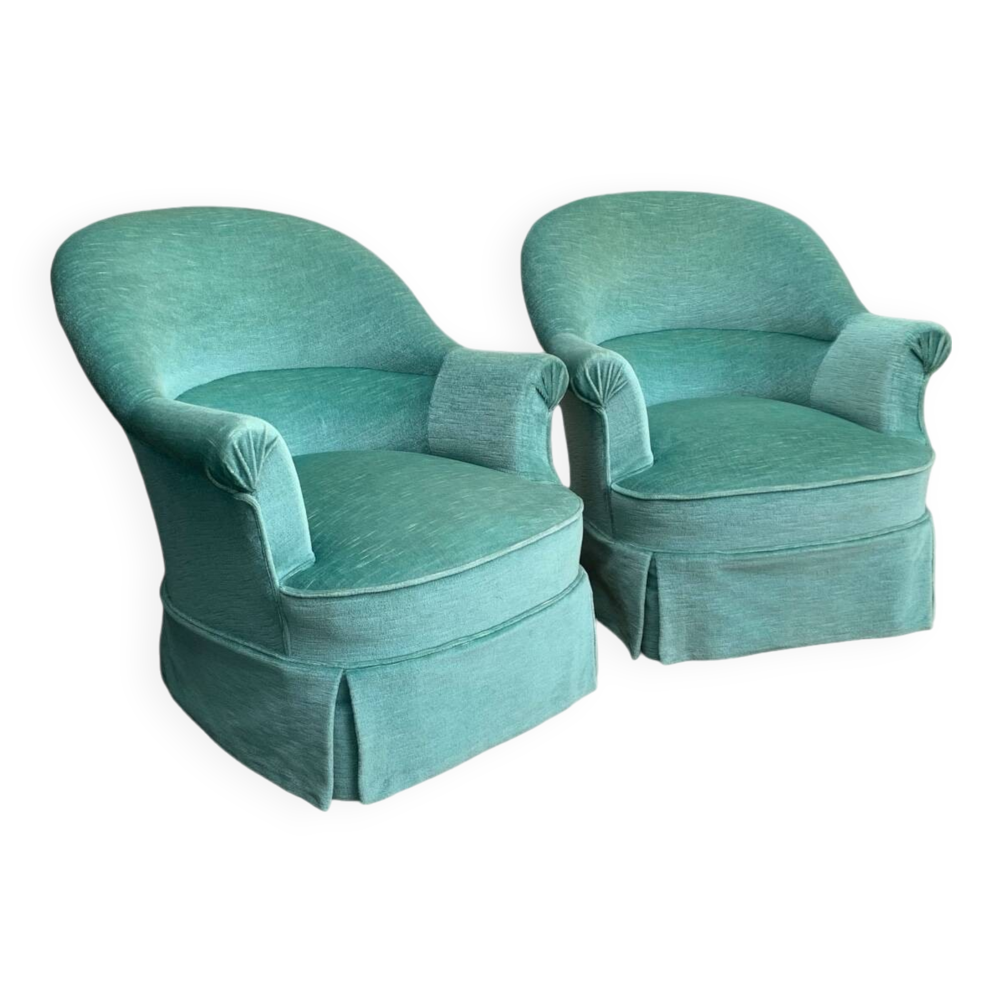Pair of toad armchairs in water green velvet, 1970