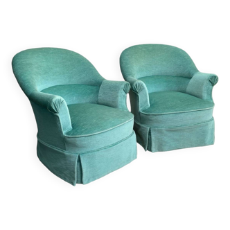 Pair of toad armchairs in water green velvet, 1970
