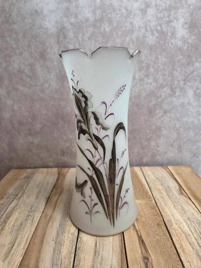 Antique Art Nouveau vase in frosted enamelled glass – iris decoration