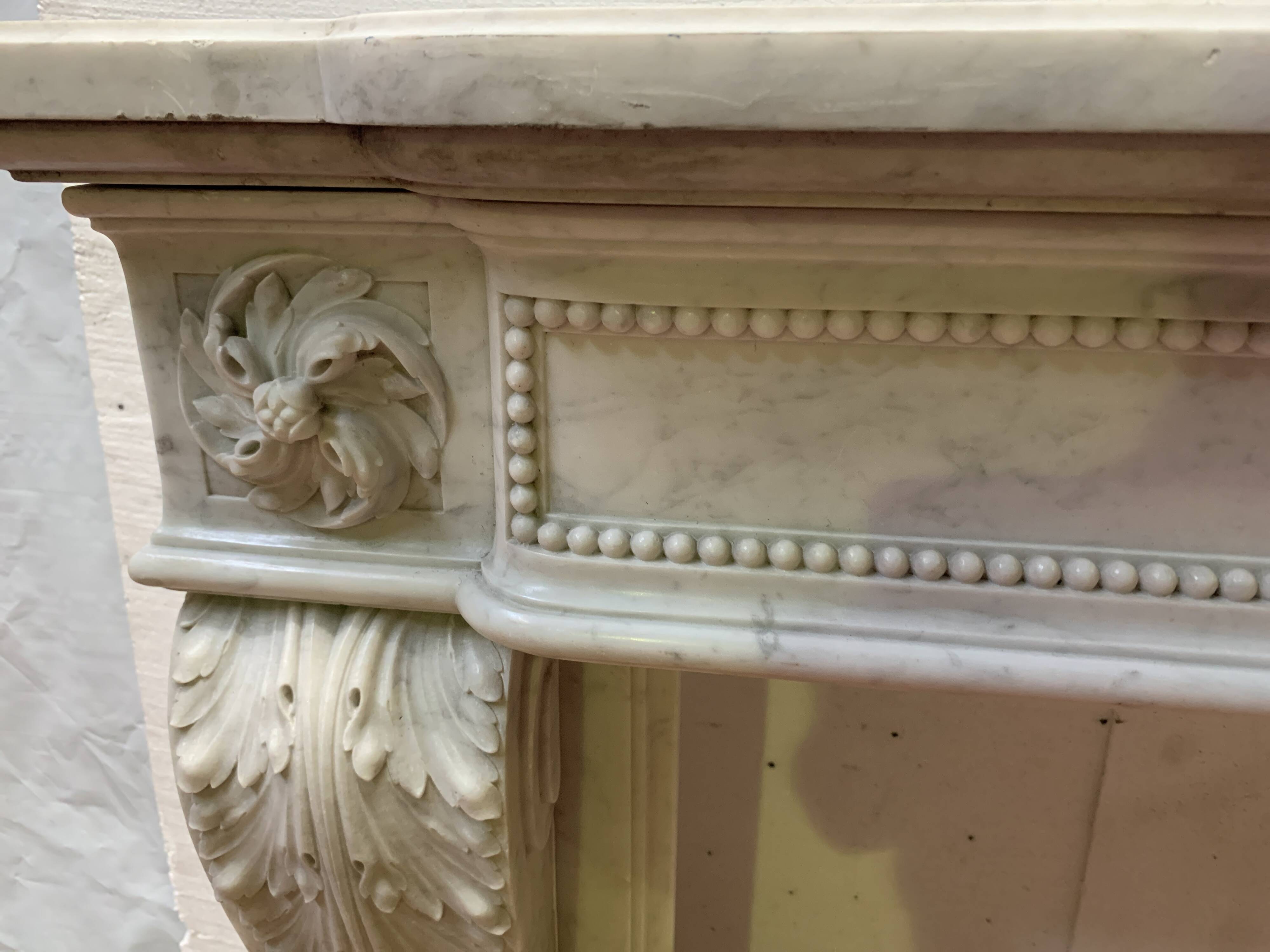 Louis XVI style fireplace in white Carrara marble, 19th century