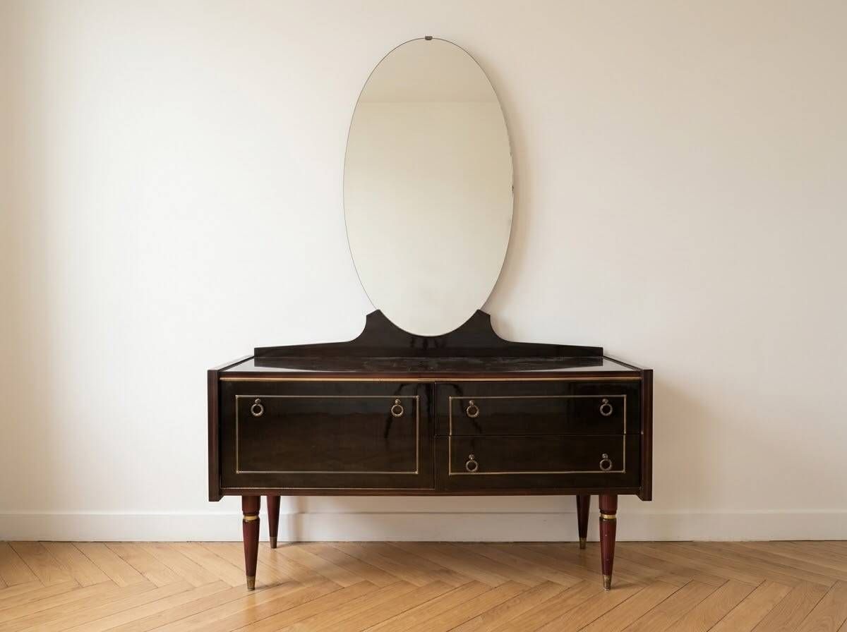 Art Deco dressing table in black lacquered wood with mirror