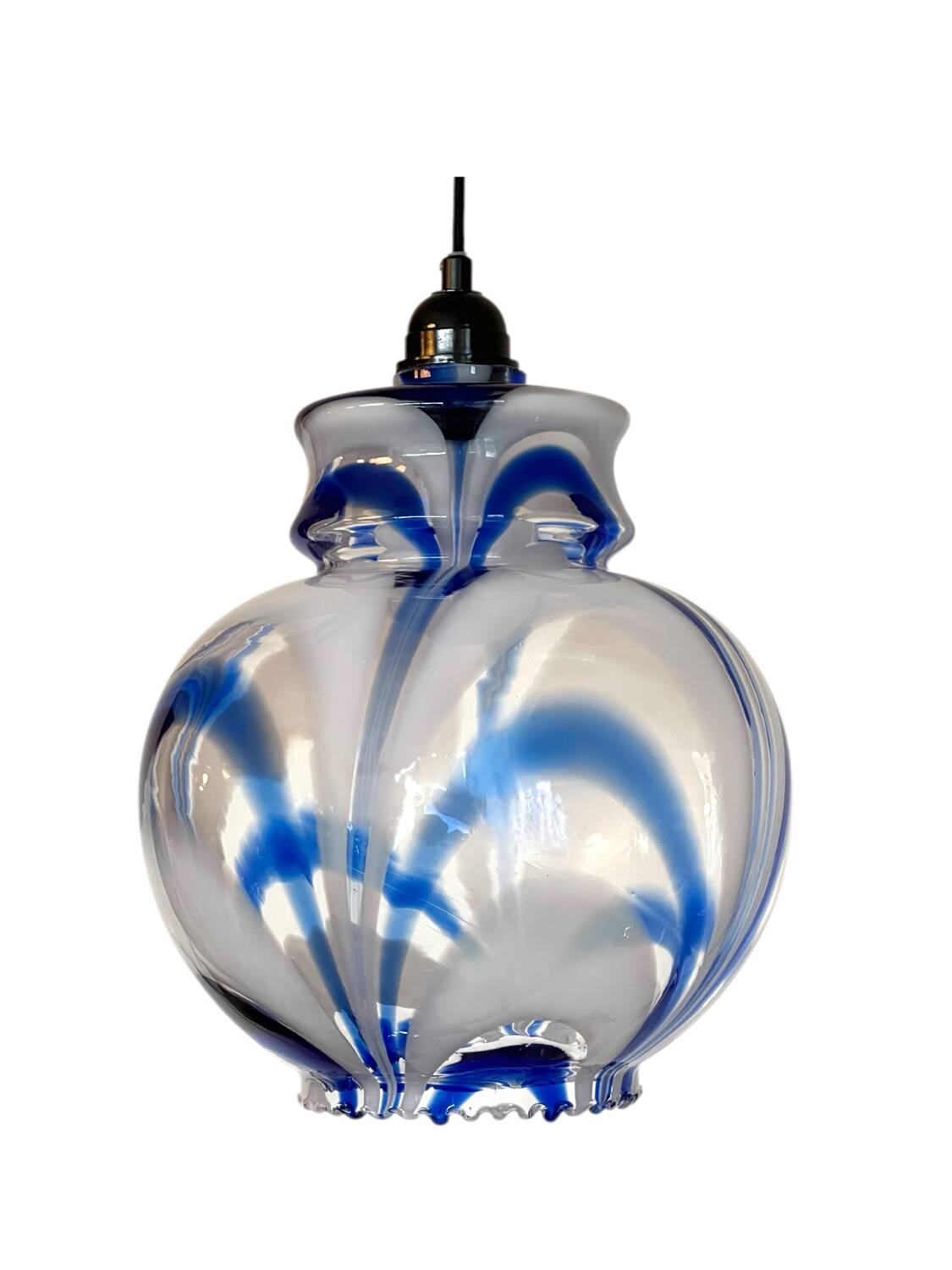 Vintage 1970s Italian Murano suspension in blue ribbed glass.