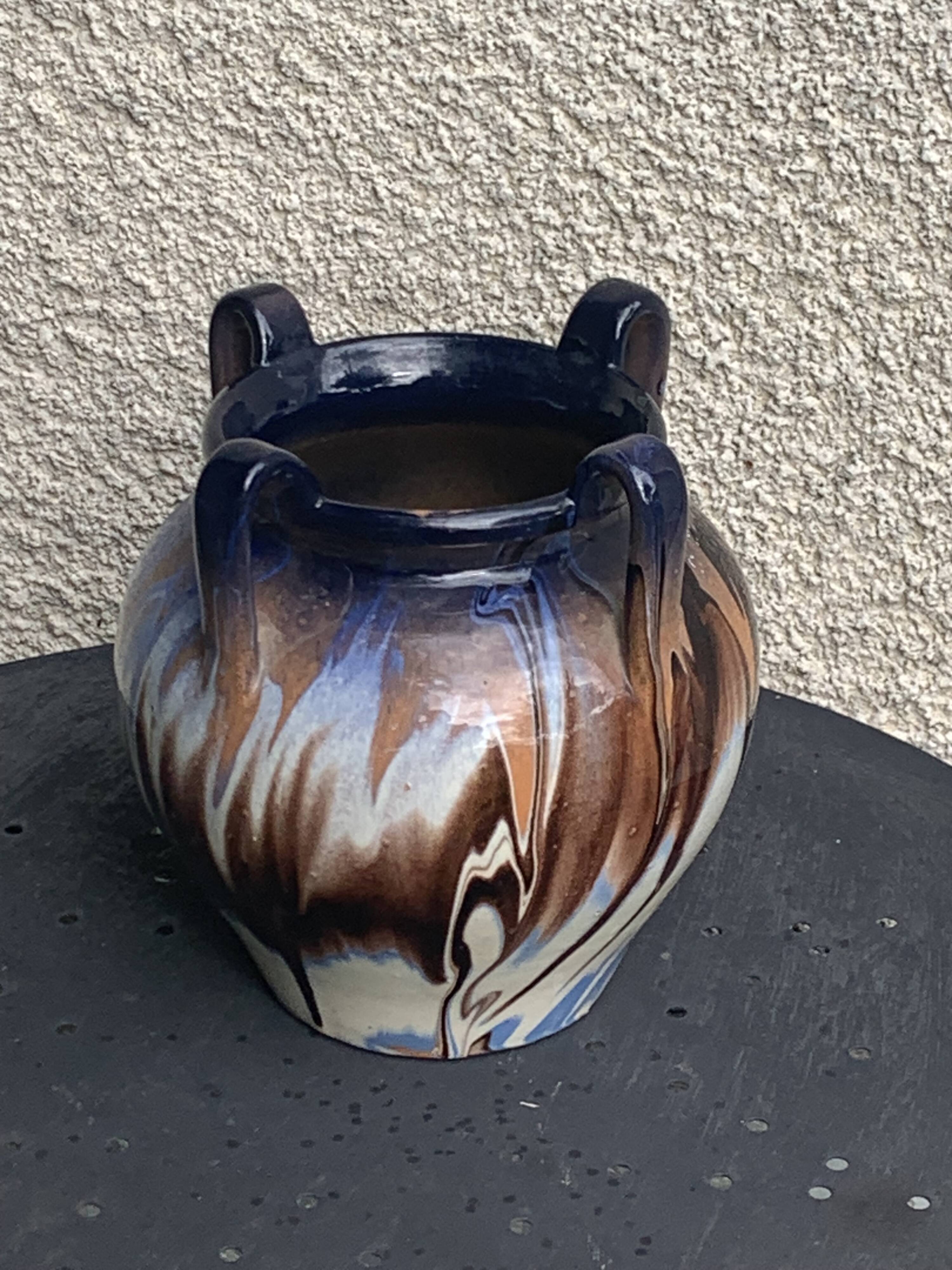 Amphora vase in mixed earth, shades of blue, beige and white, pottery, vintage