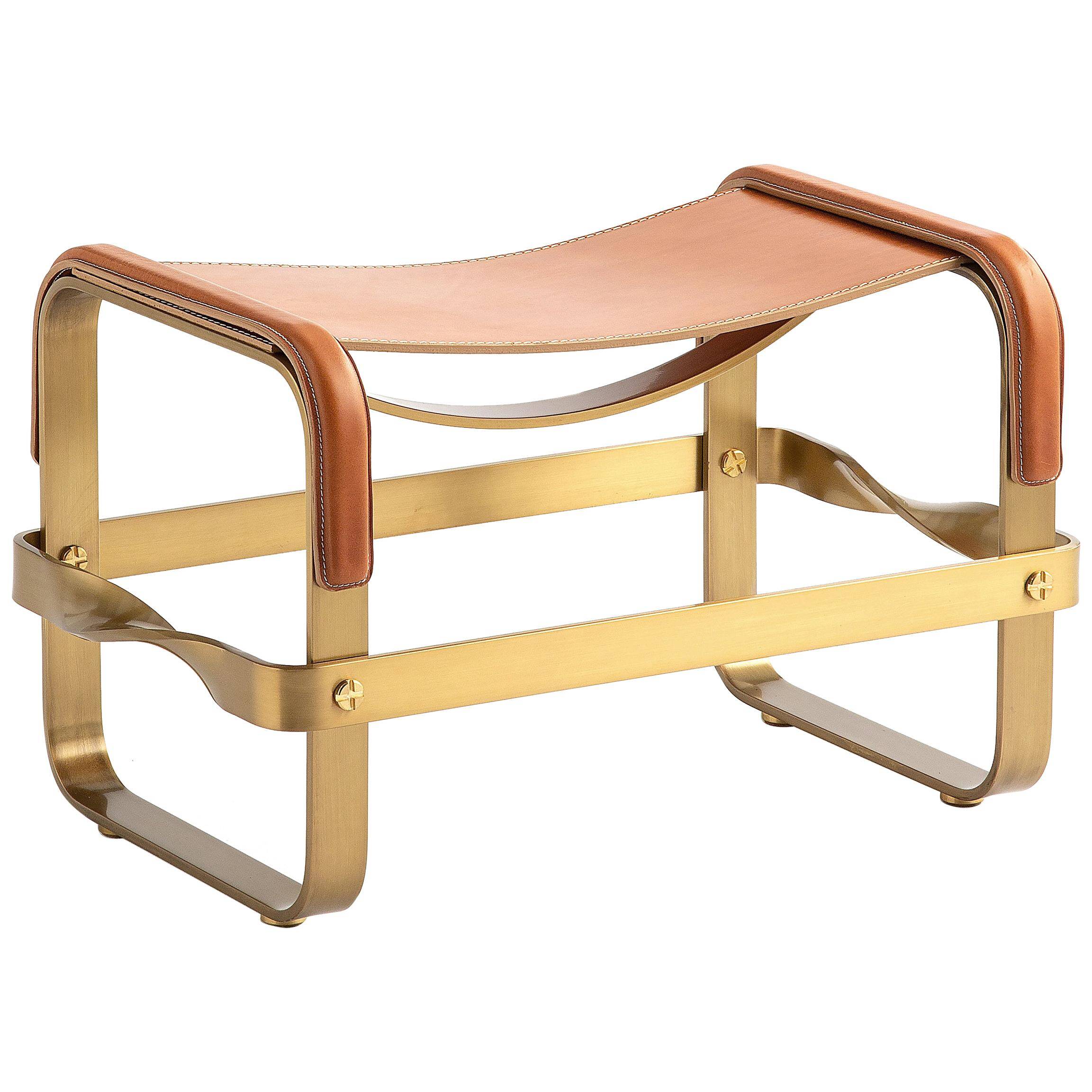 Footrest in Aged Brass and Natural Leather, Contemporary Style
