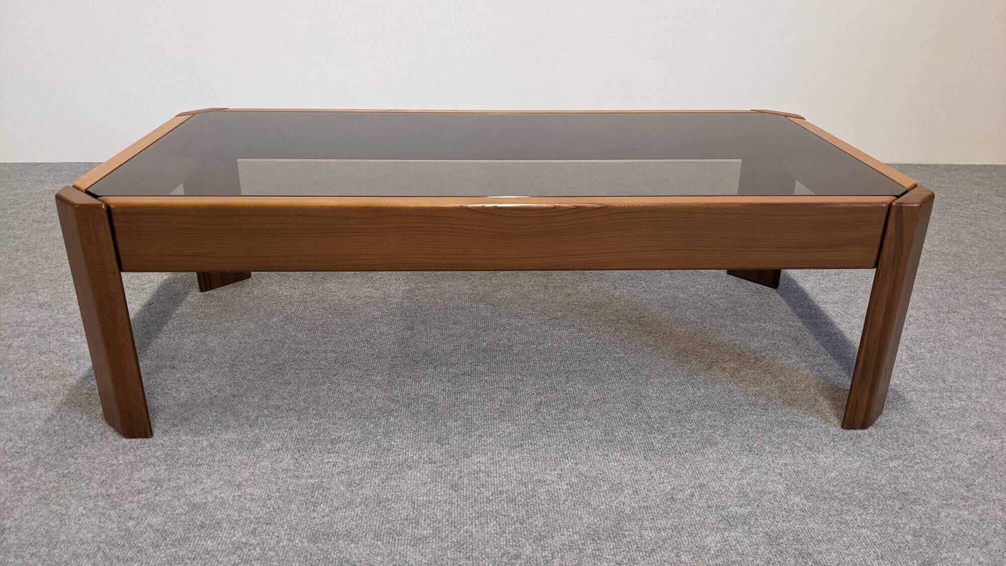 Modernist coffee table in elm and smoked glass, Italy circa 1970.