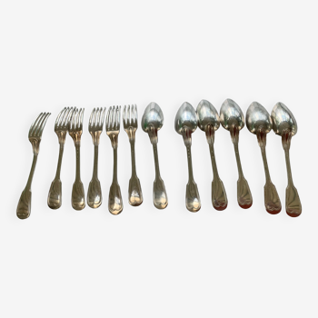 Série de 6 fourchettes et cuillères anciennes, modèle filets, alfenide art deco