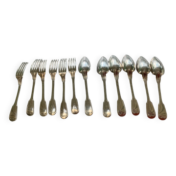 Series of 6 forks and old spoons, net model, alfenide art deco