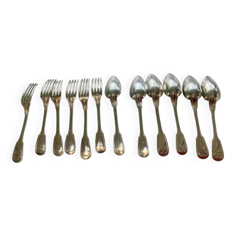 Série de 6 fourchettes et cuillères anciennes, modèle filets, alfenide art deco