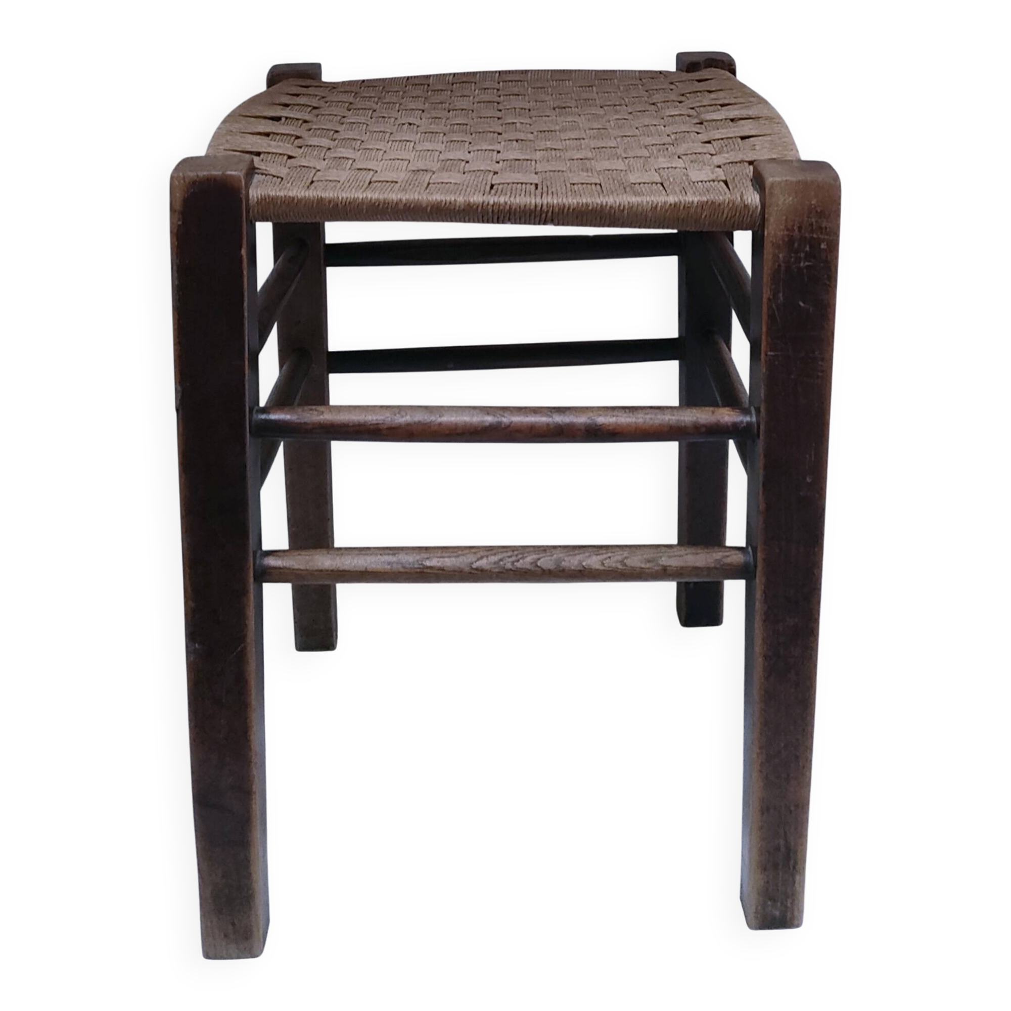 wooden stool with woven plant seat vintage