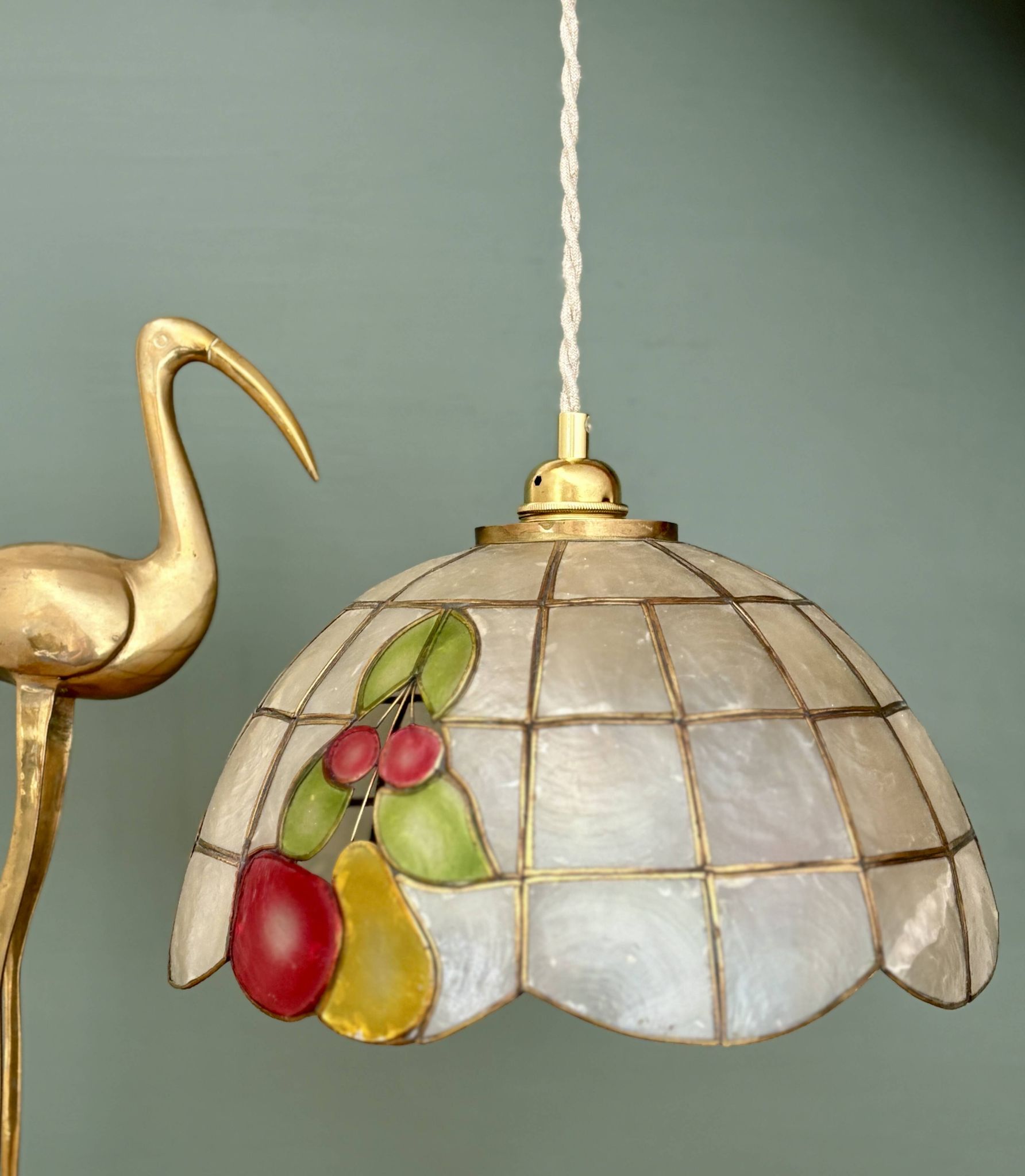 Vintage mother-of-pearl and brass pendant lampshade with fruit decorations