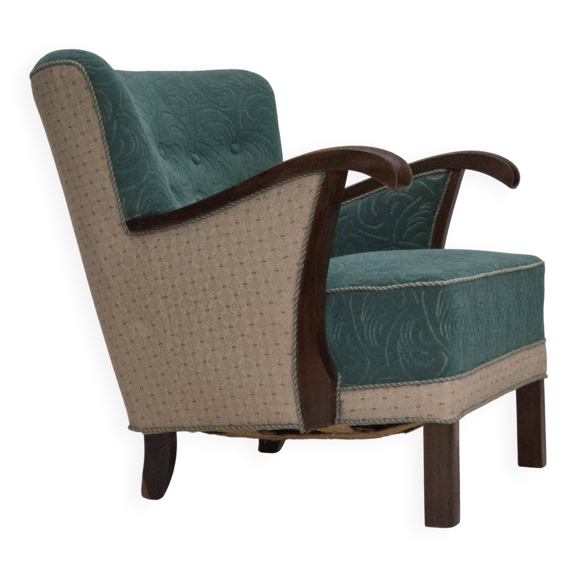 1950s, Danish armchair, original green/beige furniture wool, beech wood.