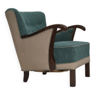 1950s, Danish armchair, original green/beige furniture wool, beech wood.