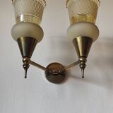 Vintage 50s wall light, 2 light arms, metal, brass and opaque glass tulip