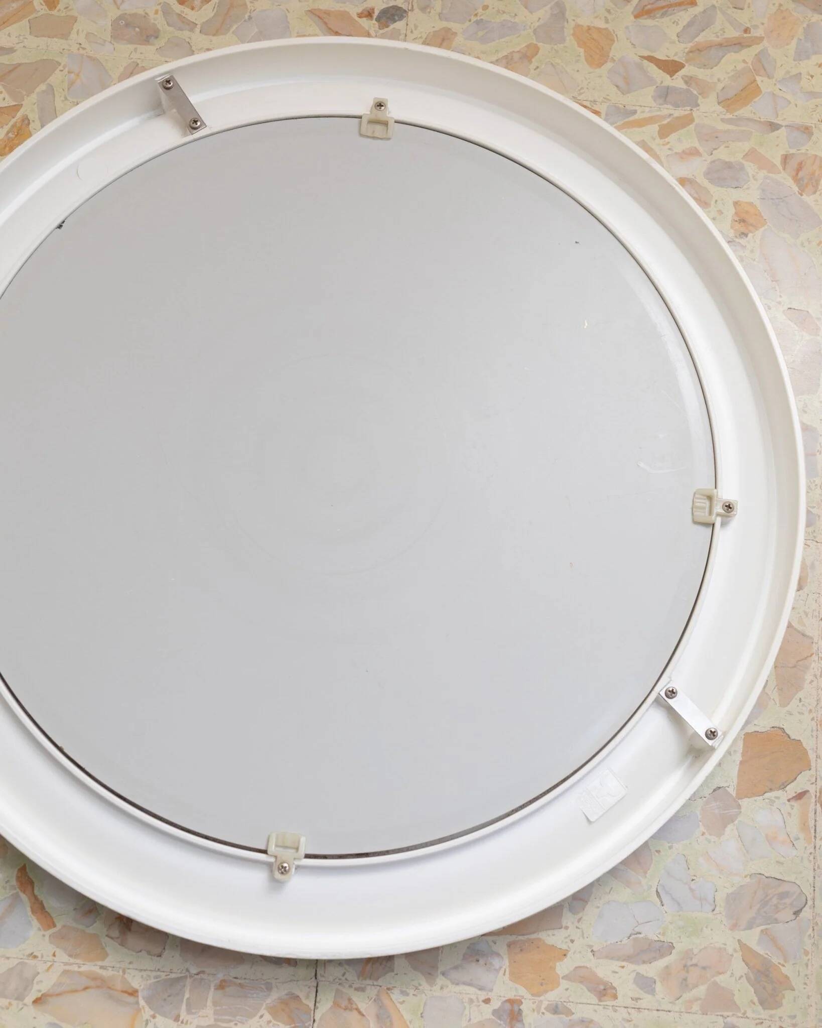 Round wall mirror by Carrara & Matta, white plastic bezel, Italian 1970s vintage