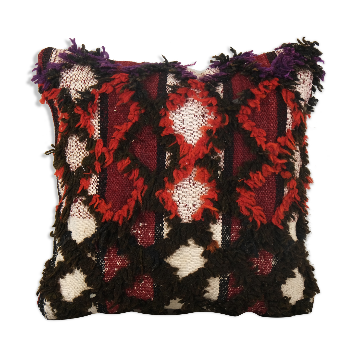 Vintage handwoven multi color turkish flokati shagy pillow cover, handwoven square turkish shaggy tu