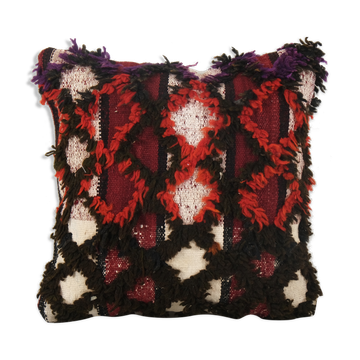 Vintage handwoven multi color turkish flokati shagy pillow cover, handwoven square turkish shaggy tu