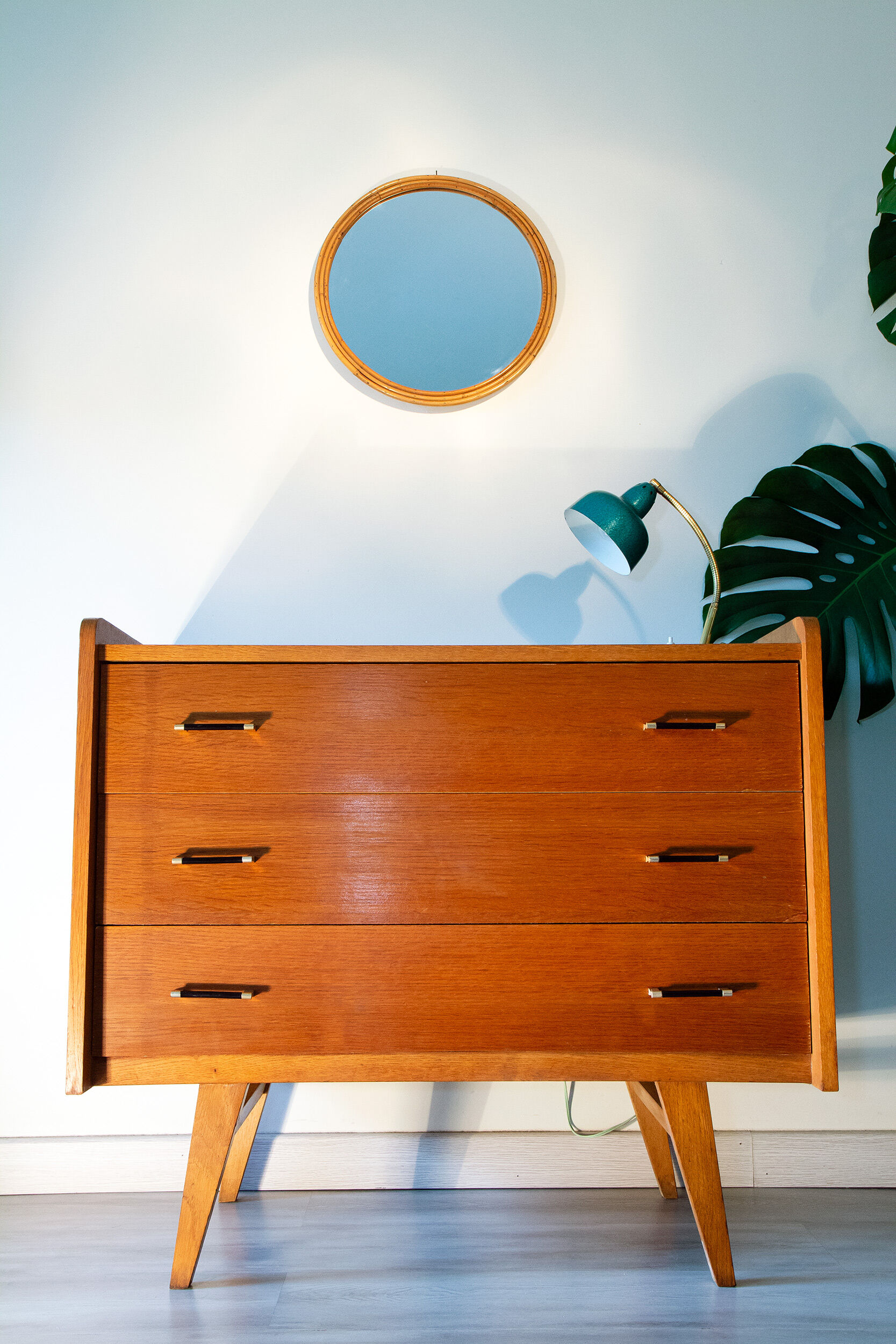 1970 mirror, rattan frame