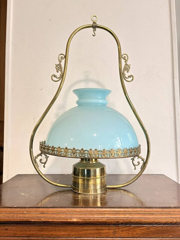 Suspension Lustre Billard Bibliothèque Laiton Opaline Bleu Fleurs Lyre