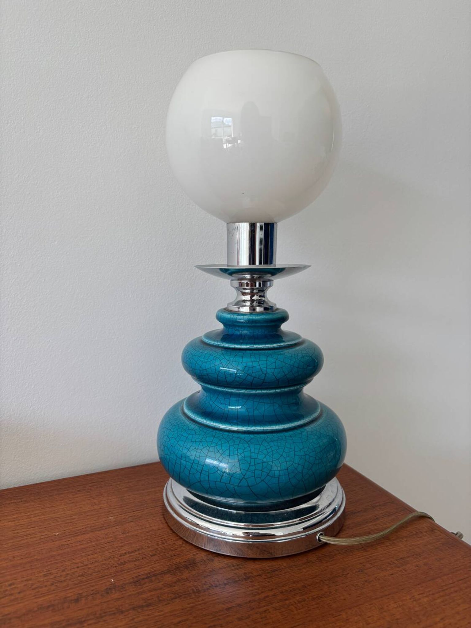 Lampe vintage en céramique craquelée émaillée bleu turquoise – base ch