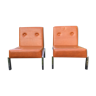 Vintage armchairs in caramel brown skai with rectangular chrome metal tubular base.