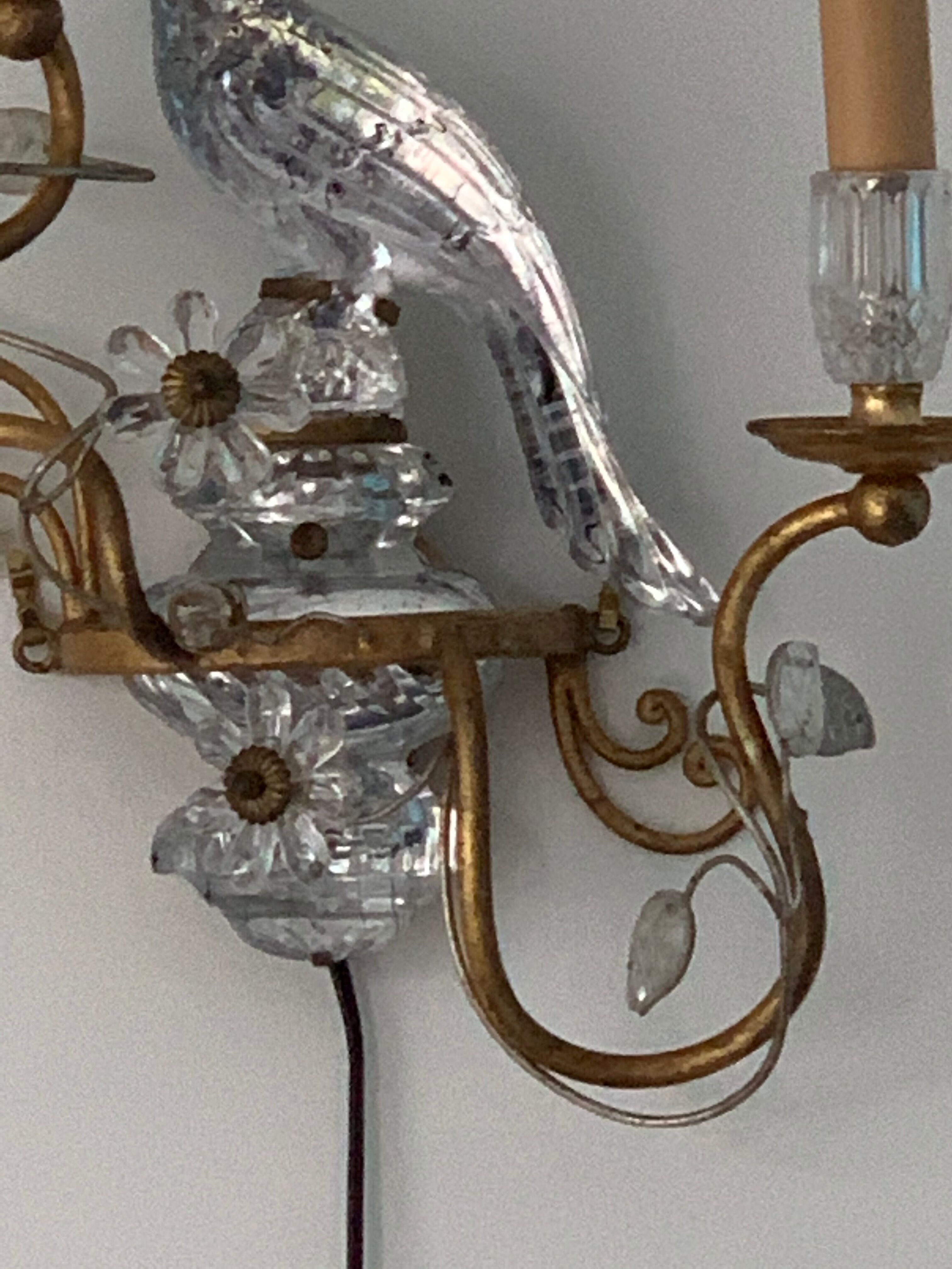 Pair of parrot crystal or parakeet wall sconces Maison Baguès 1950