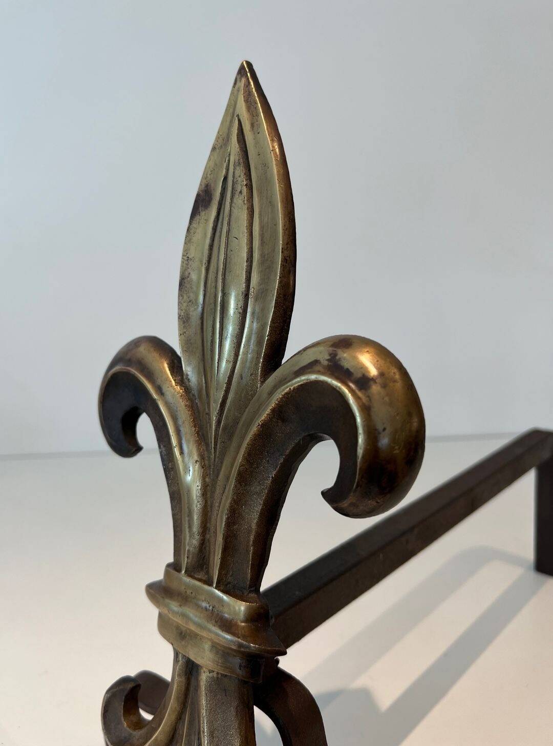 Pair of Bronze and Wrought Iron Chenets with Fleur-de-Lys Supports. France.