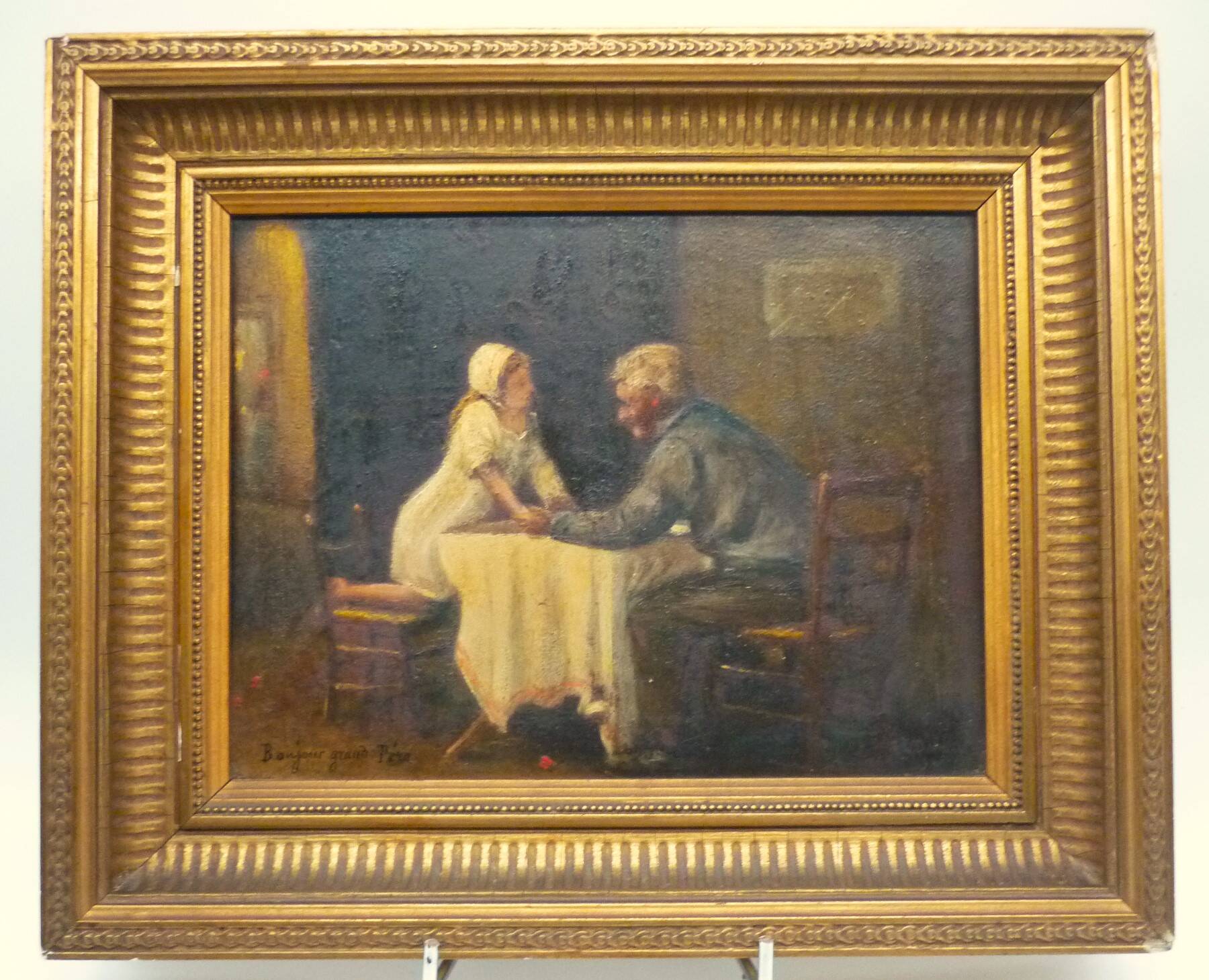 Tableau, huile sur panneau "Bonjour Grand Père", début XXème, cadre doré