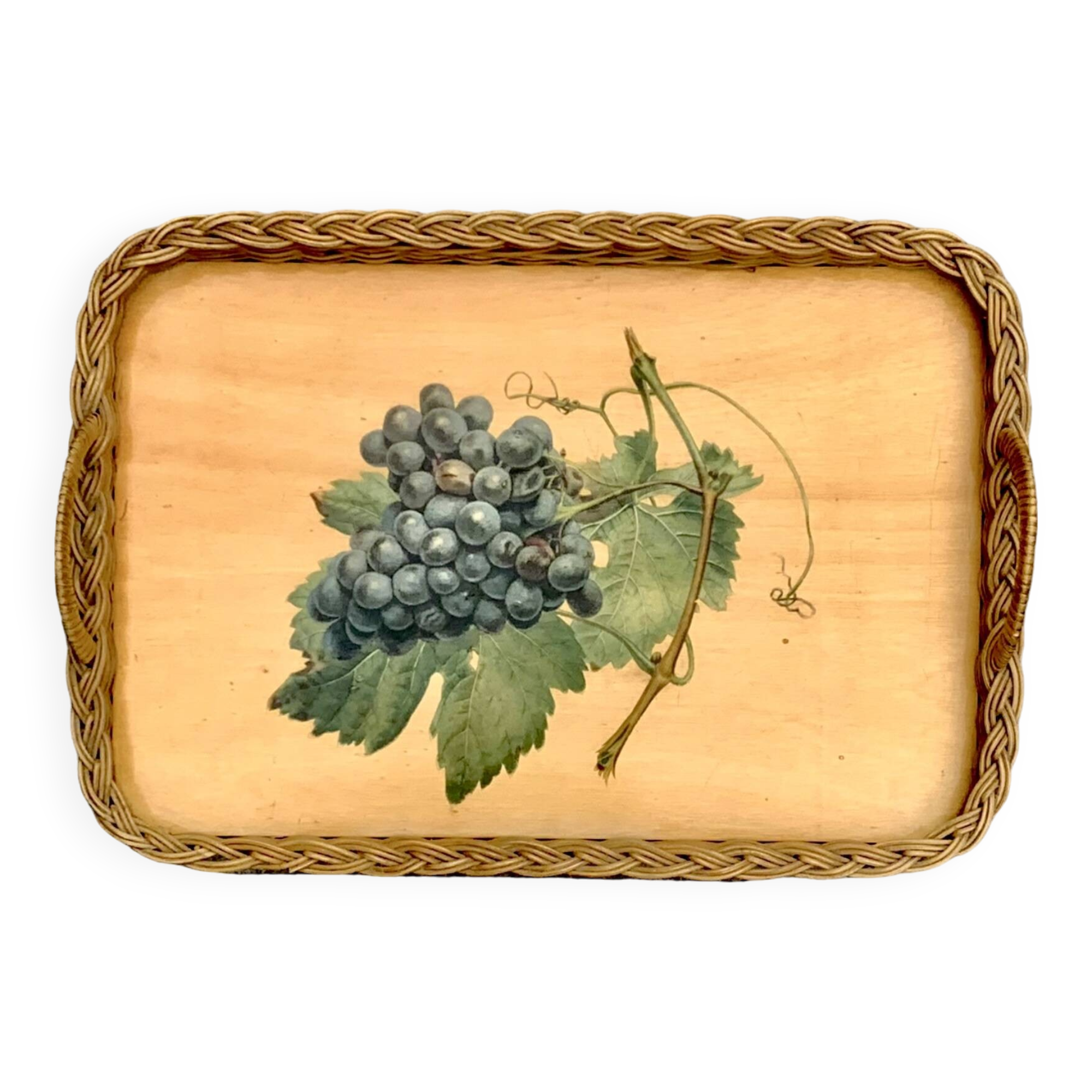 Vintage rattan and varnished wood tray - grape cluster decor
