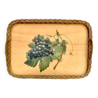 Vintage rattan and varnished wood tray - grape cluster decor