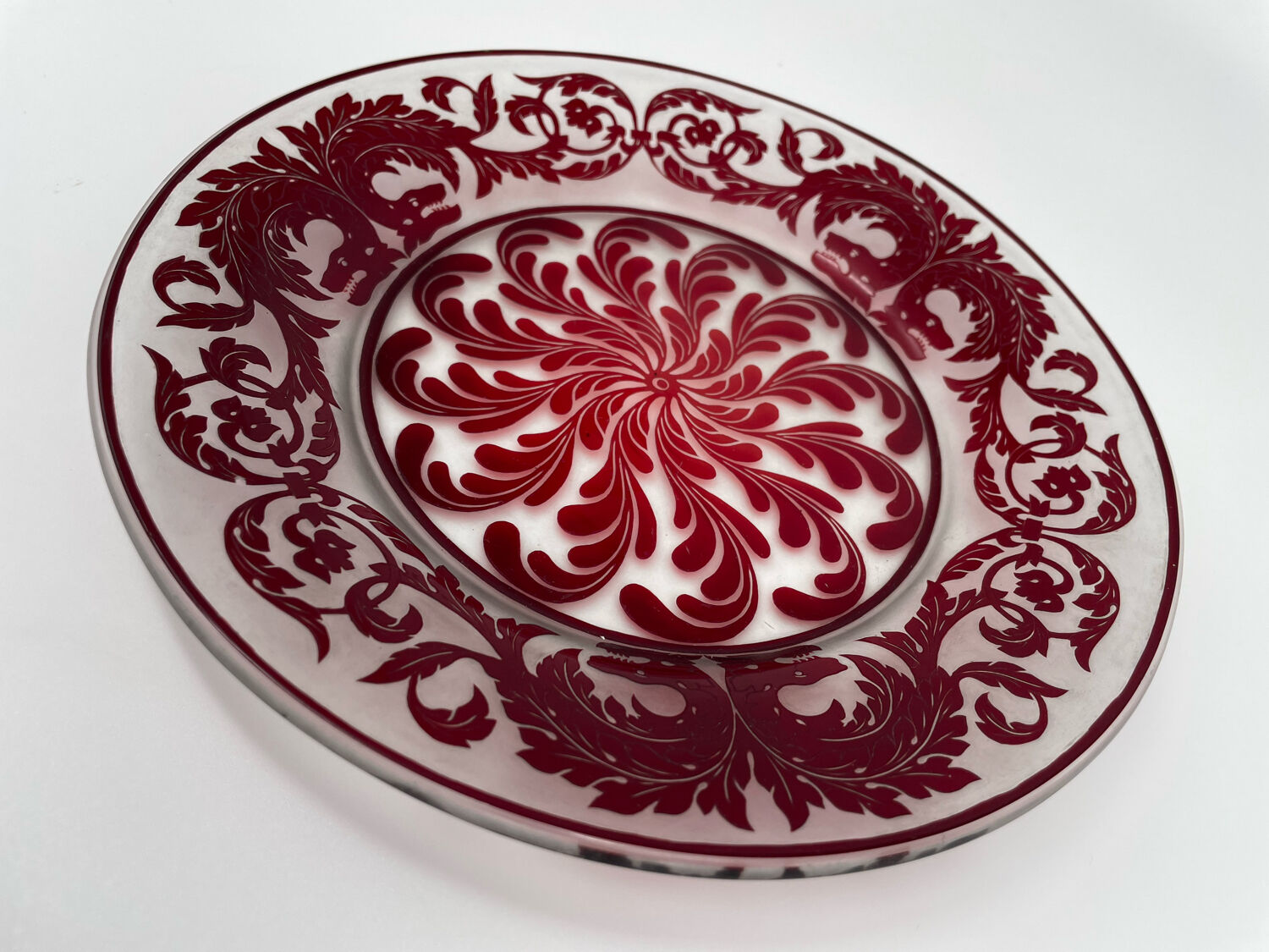 Red cut crystal plate dragon floral pattern