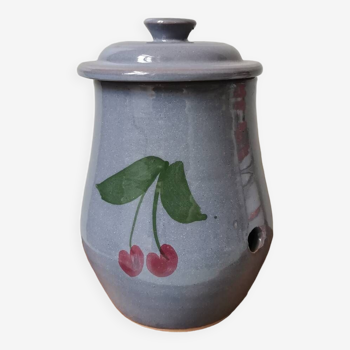 Vintage blue ceramic garlic box pot with cherry