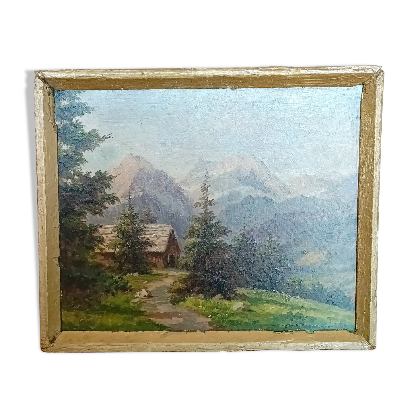 Oil on panel painting, signed K. Vukovic mountain landscape and chalet