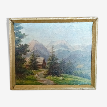 Tableau huile sur panneau, signé K. Vukovic paysage montagne et chalet