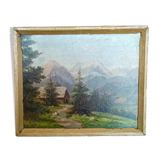 Tableau huile sur panneau, signé K. Vukovic paysage montagne et chalet