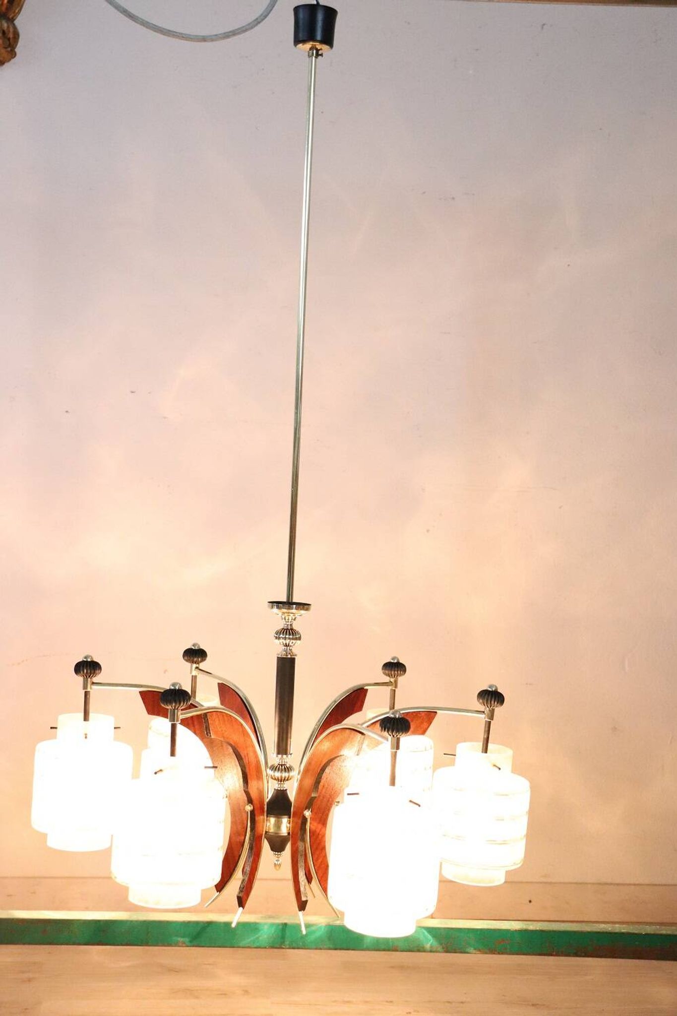 Glass, wood, brass and black lacquered metal chandelier, Italy, 1950
