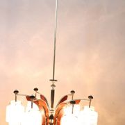 Glass, wood, brass and black lacquered metal chandelier, Italy, 1950