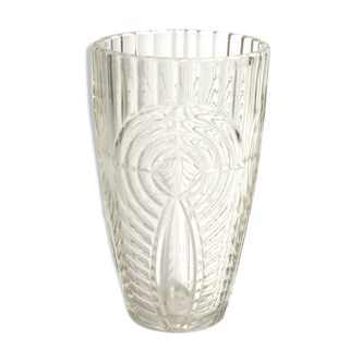 Vintage vase in carved glass with geometric motifs 70s