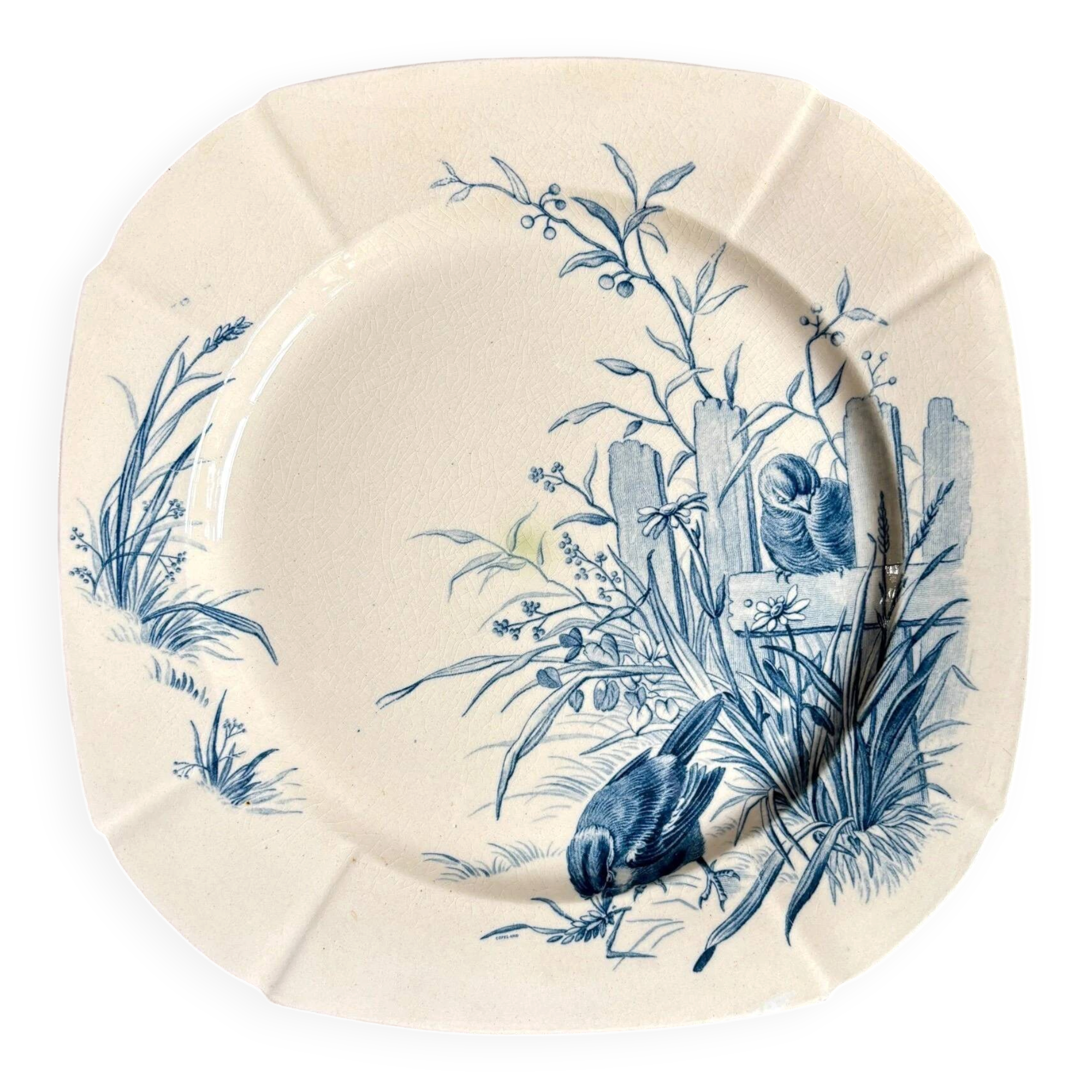 Blue ironstone plate from Gien, "Birds" service, circa 1870, no. 2.