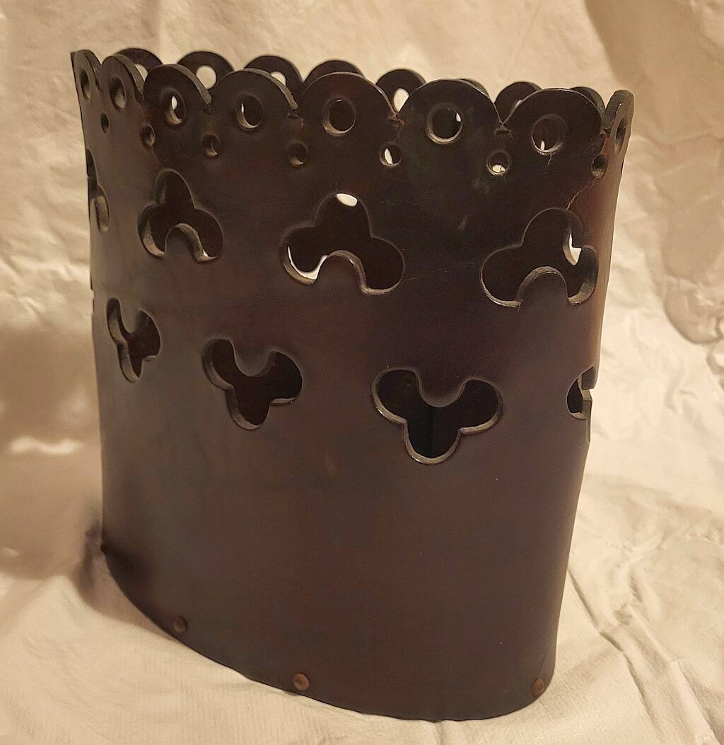 Vintage Magazine Rack Holder Waste Basket Cut Work Brown Leather Oval Shape