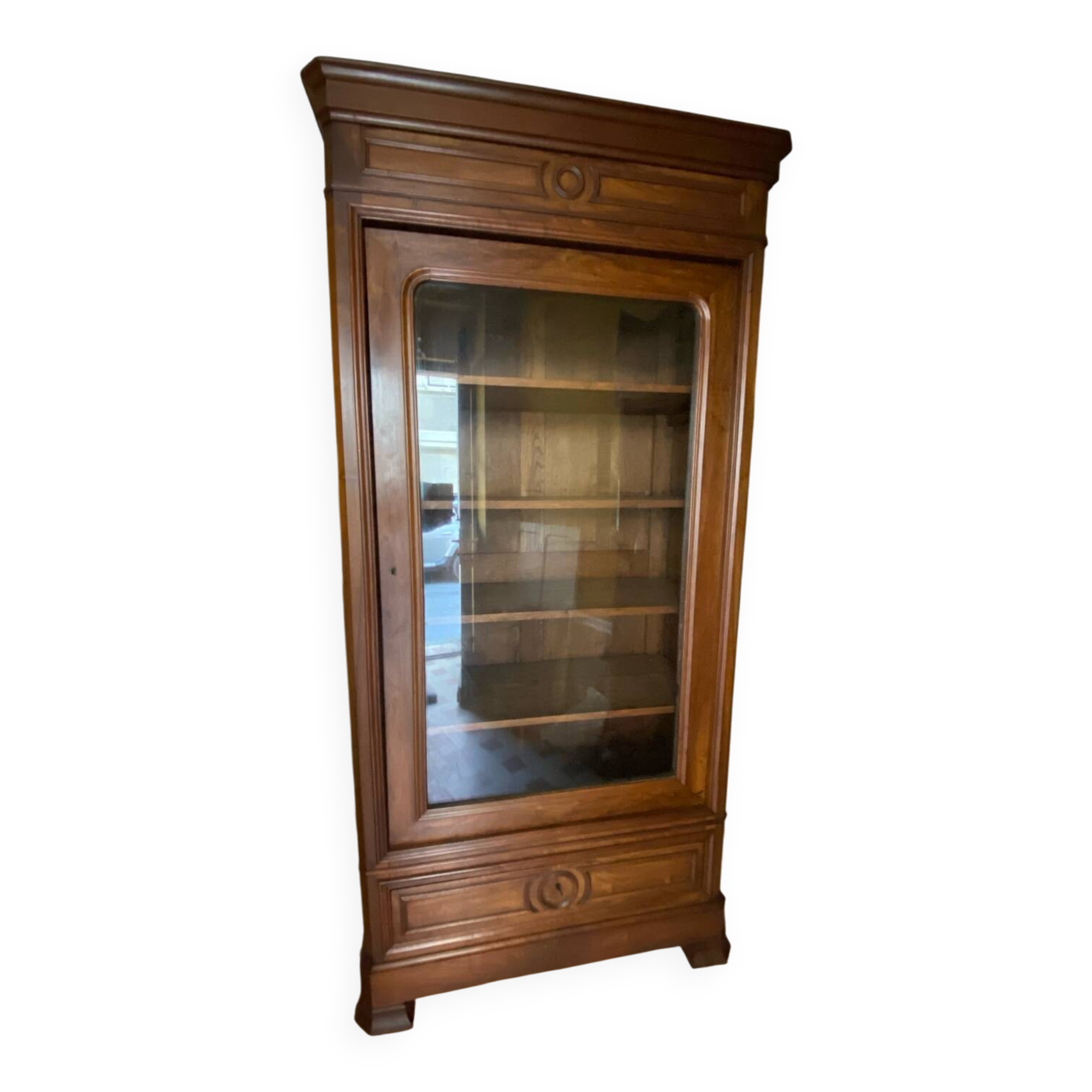 Walnut display cabinet with drawer