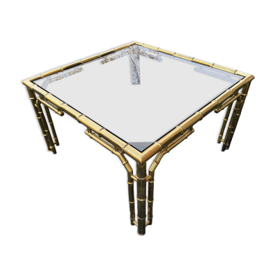 table basse en laiton italien avec verre fumé dans un style bambou