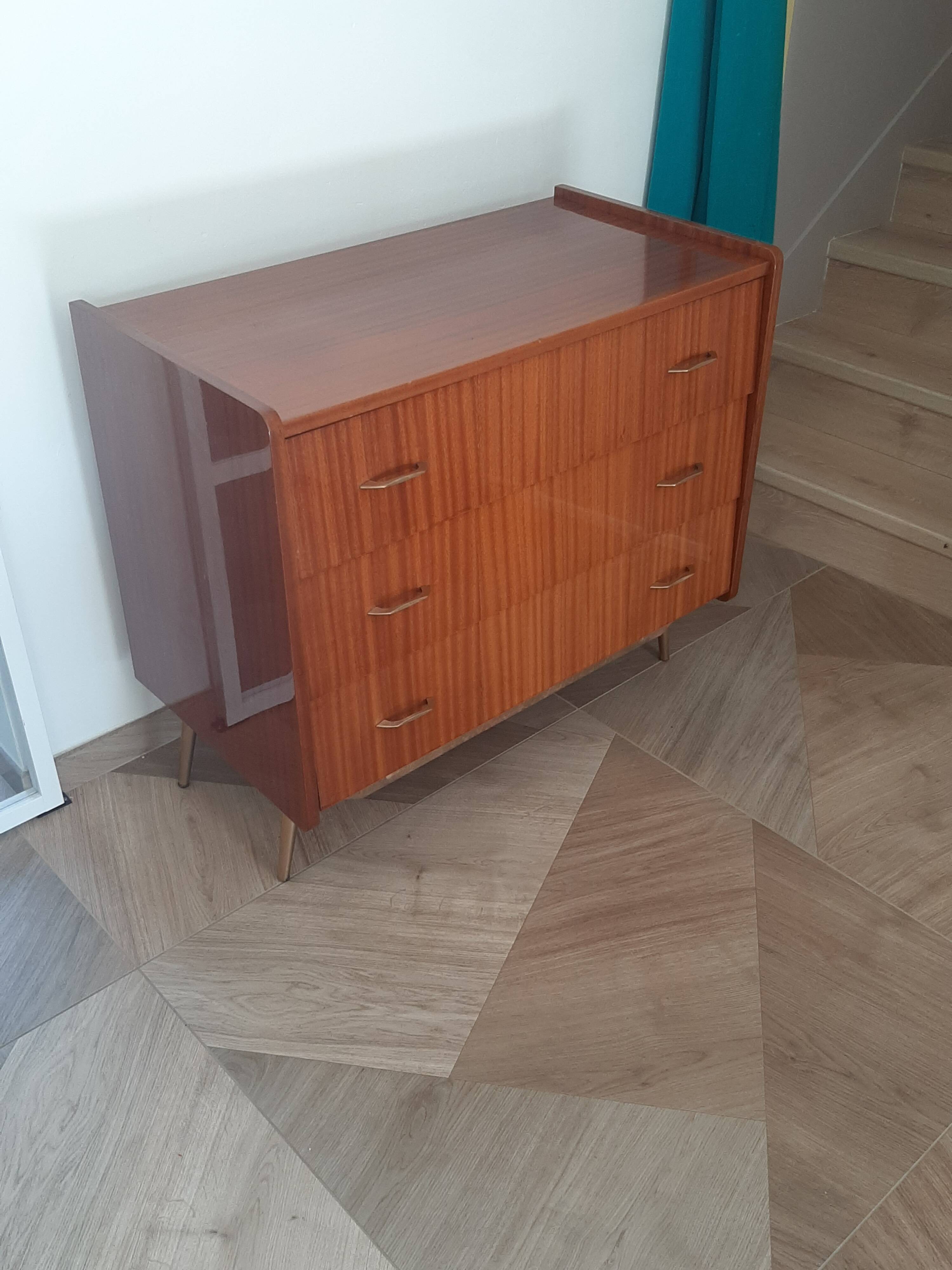 Vintage chest of drawers 3 drawers - varnished teak - Scandinavian style - retro patterns - 60s