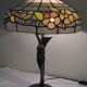 Art Nouveau Table Lamp in Burnished Brass and Coloured Glass (c. 1980)