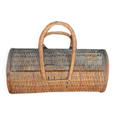 Panier cylindrique vintage en osier marron années 40 — étui long pour bouteille