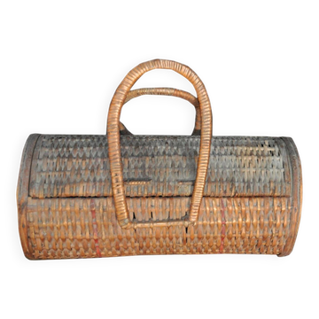 Panier cylindrique vintage en osier marron années 40 — étui long pour bouteille