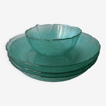 3 dishes and 1 leaf-shaped glass bowl, Arcoroc France, 1980s