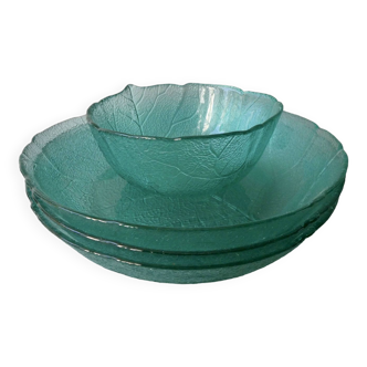 3 dishes and 1 leaf-shaped glass bowl, Arcoroc France, 1980s