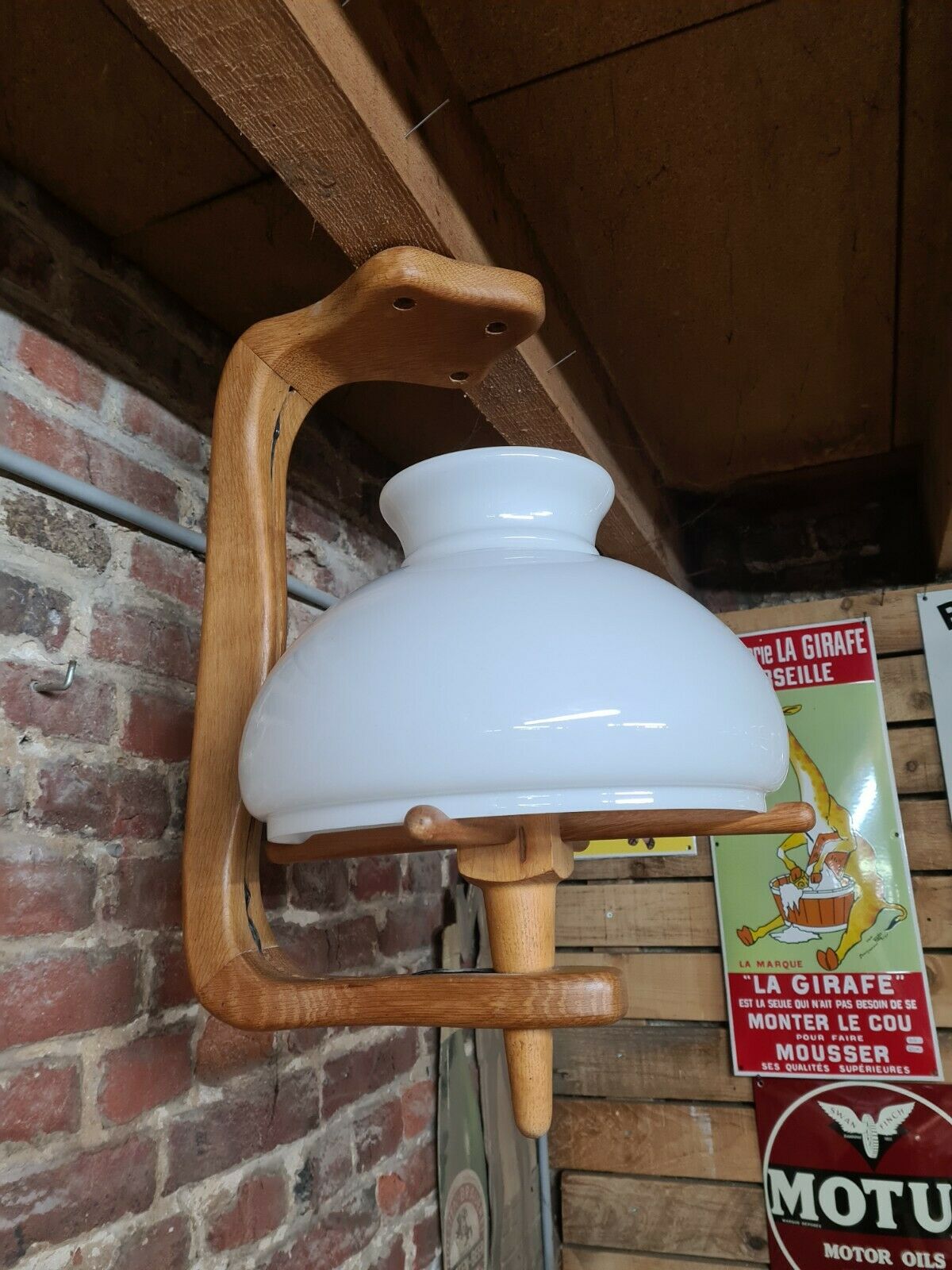 Vintage pendant lamp with opaline "your home" byGuillerme & Chambron in wood