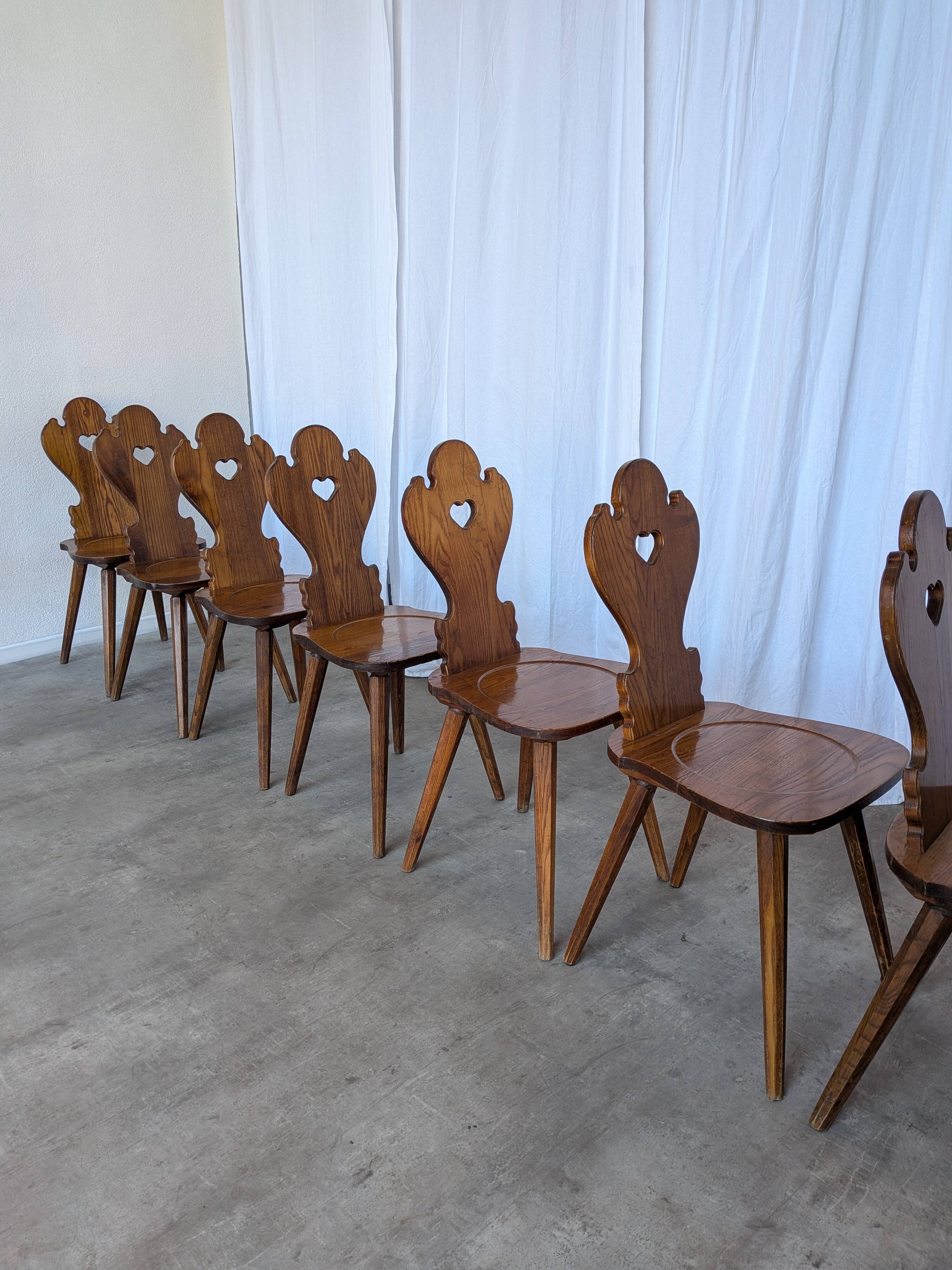 Set of 8 Farmhouse Tyrolean Chair with Heart Cutout Back / 1970s Vintage Di